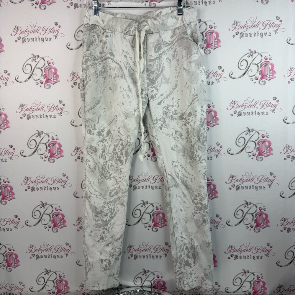 Angea Mara pants swirl marble shiny Elegant Cream and Gray italy Skinny Pants